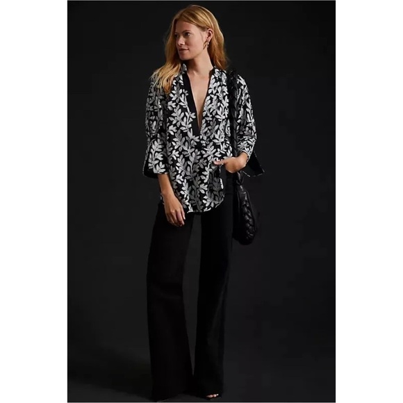 ANTHROPOLOGIE Embroidered Popover Blouse Top Black Size M NWT - Picture 16 of 17